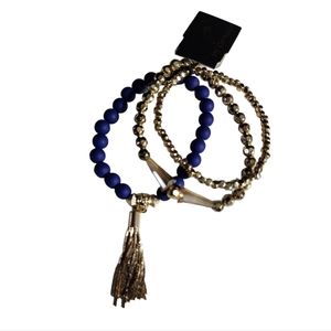 NWT G by Gennaro Blue and Gold Stretch Bracelets with Tassel Set of 3